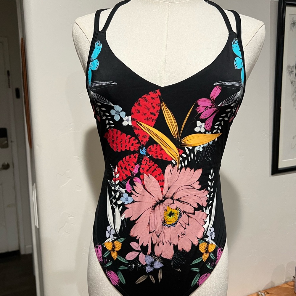 Urban Outfitters Black Floral One Piece Swimsuit
